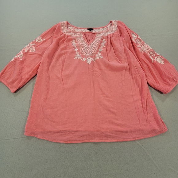 Talbots Plus Embroidered Peasant Top Coral Boho Womens 1X Blouse 3/4 Sleeve - Picture 2 of 10